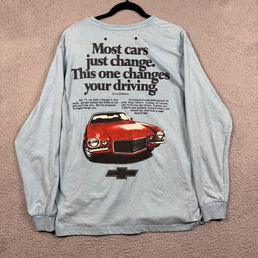 Official GM Chevy Camaro 1971‎ Long Sleeve Pocket T-Shirt Men's M Light Blue